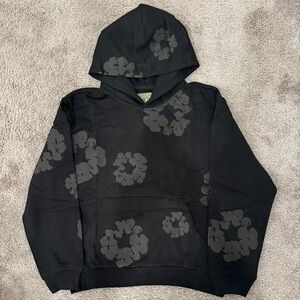 DENIM TEARS black on black hoodie with designer floral pattern